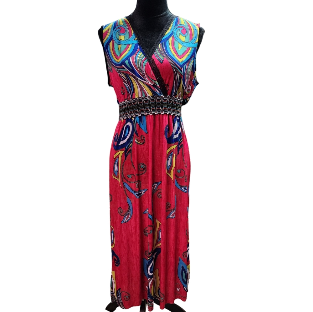 Sleeveless wrap V neck abstract/peacock midi dress